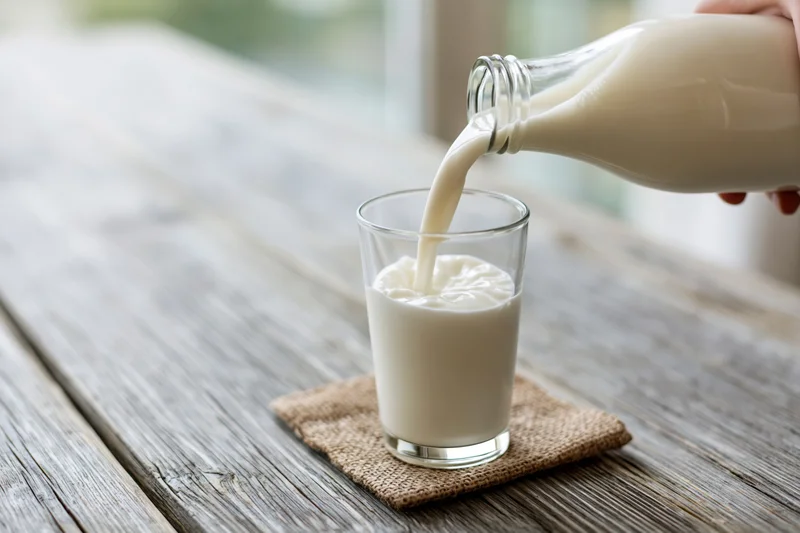 Milk being poured from a glass bottle into a clear glass on a wooden table