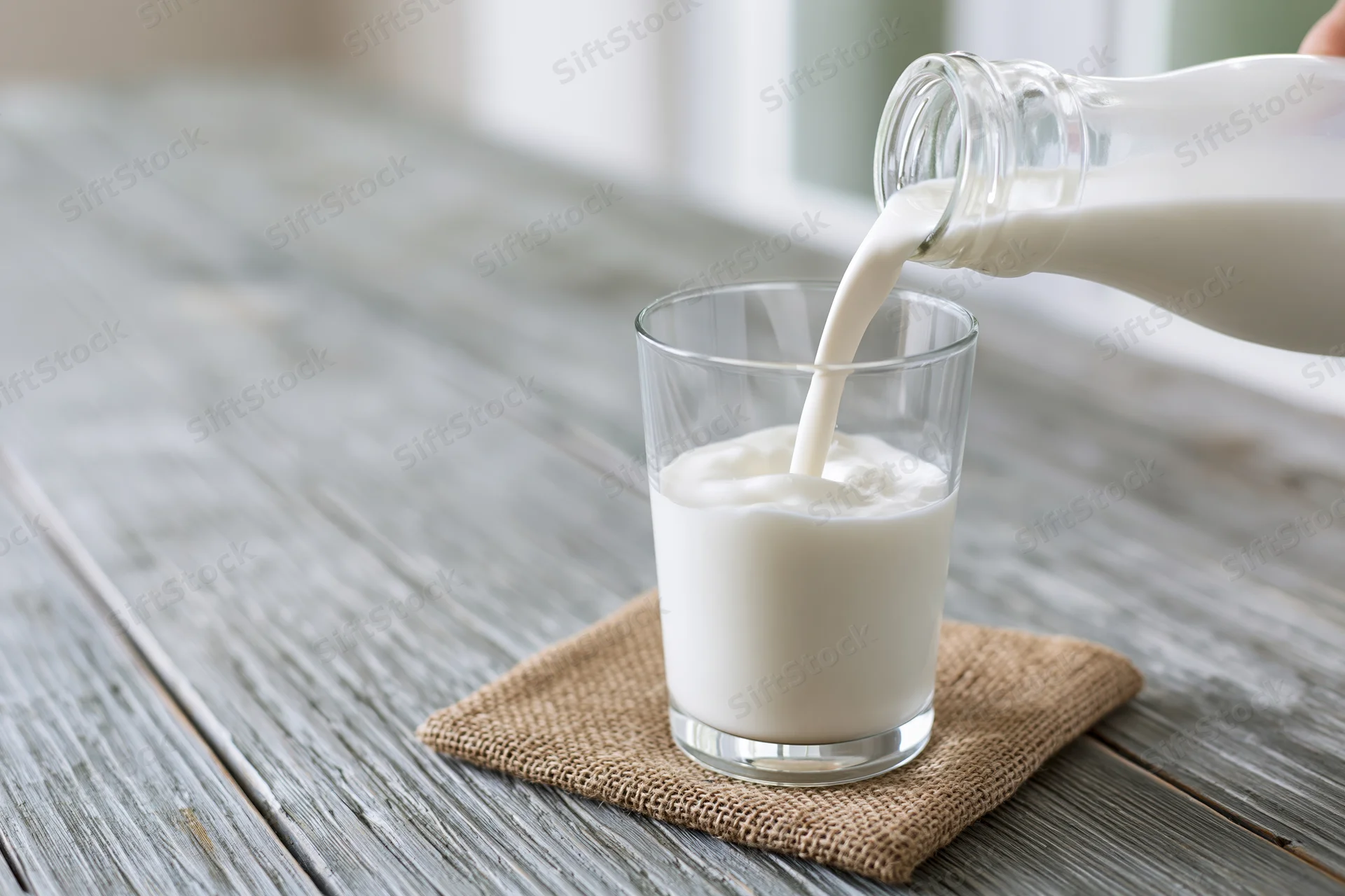 Milk being poured from a glass bottle into a clear glass on a wooden table