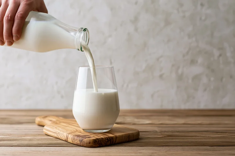 Hand pouring milk from a glass bottle into a clear stemless glass on a wooden cutting board