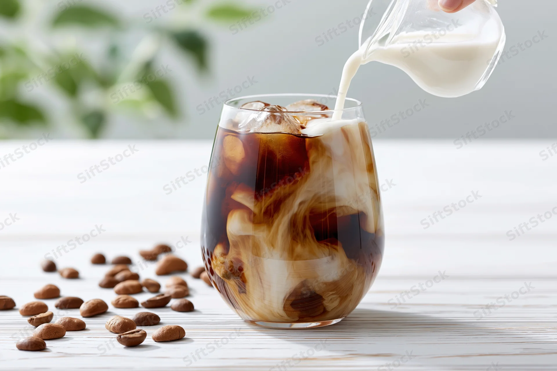 Milk being poured into a glass of iced coffee with ice cubes and coffee beans on a white wooden table