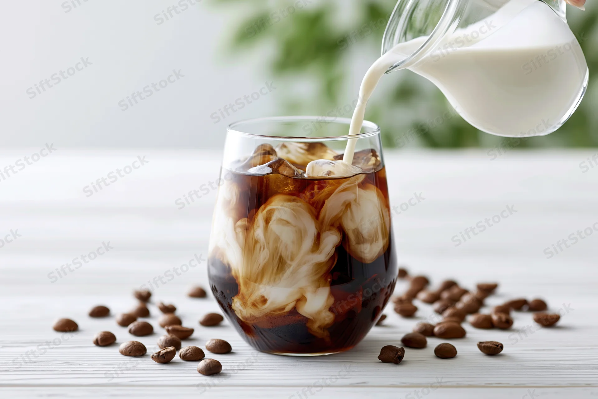 Milk being poured into a glass of iced coffee with coffee beans scattered on a white wooden table