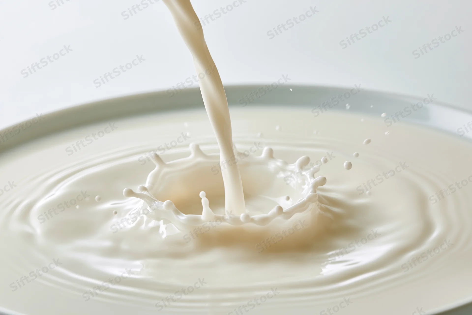 Milk being poured into a shallow pool creating a splash and ripples on a white surface