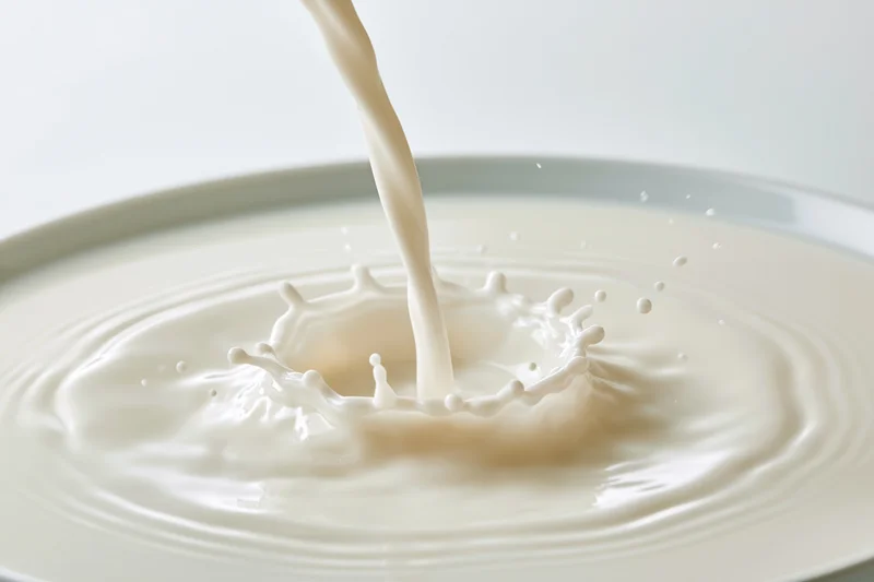 Milk being poured into a shallow pool creating a splash and ripples on a white surface