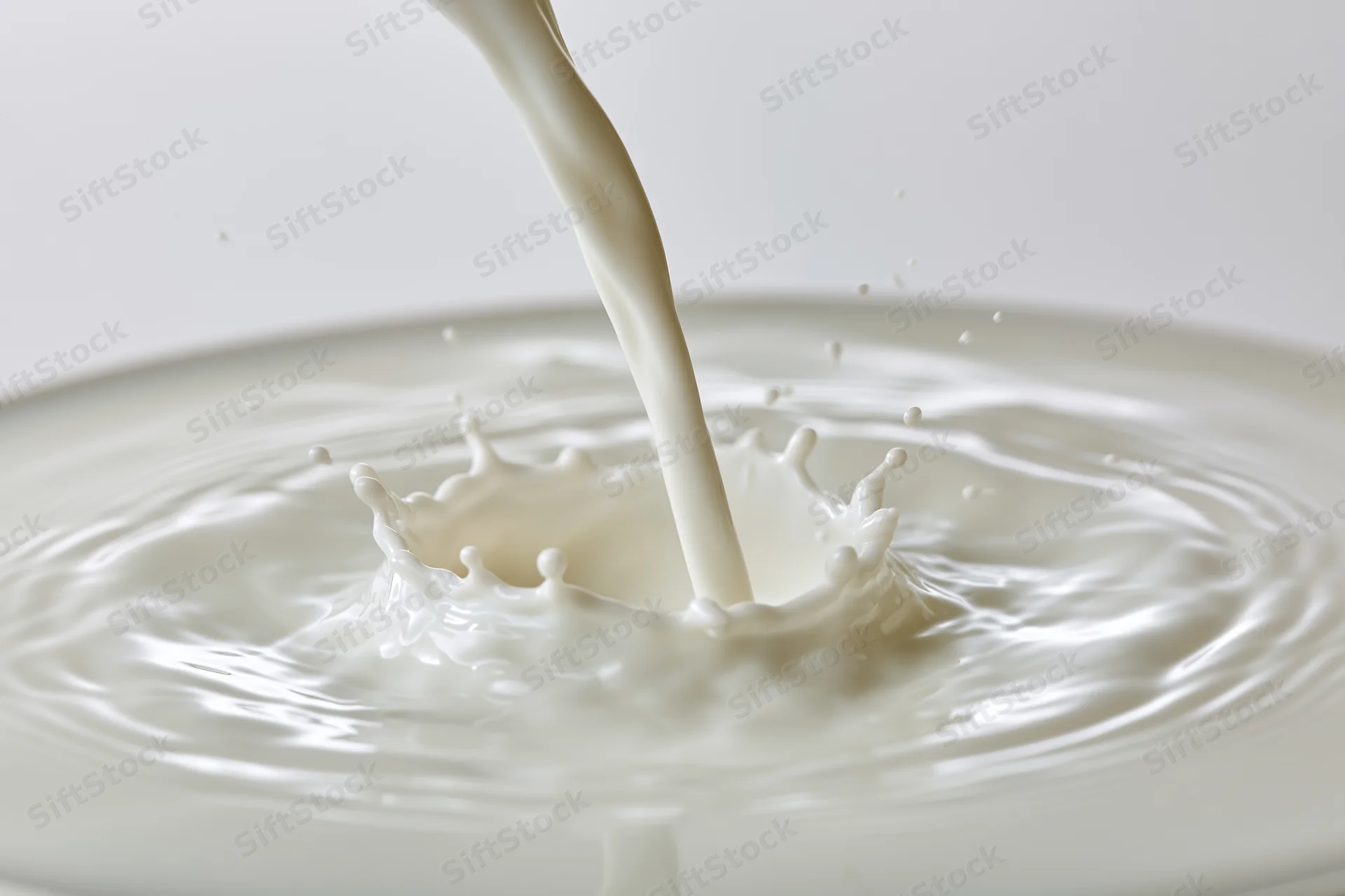 Milk being poured into a shallow pool creating a splash and ripples on a white surface