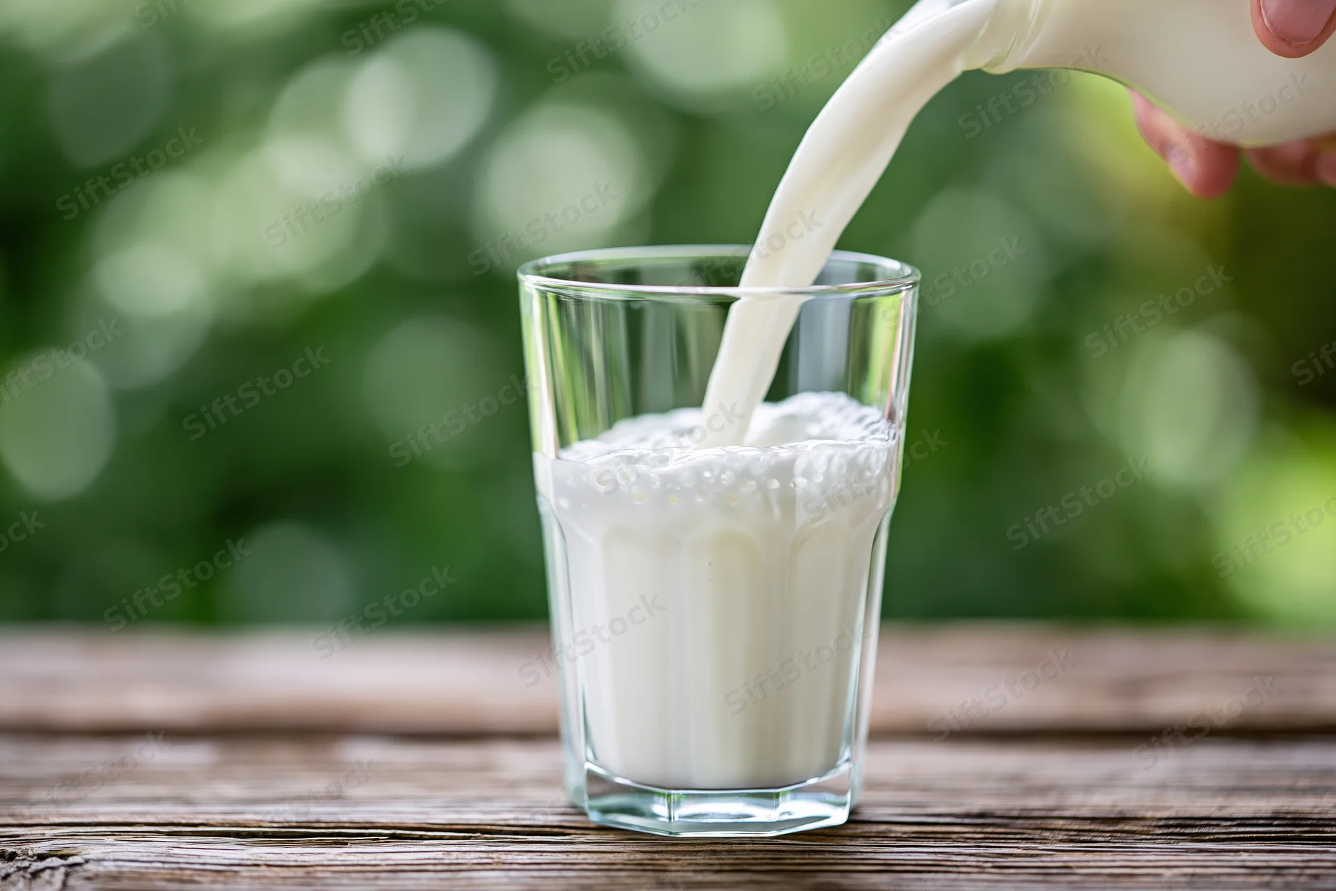 Milk being poured into a clear glass tumbler on a wooden table outdoors