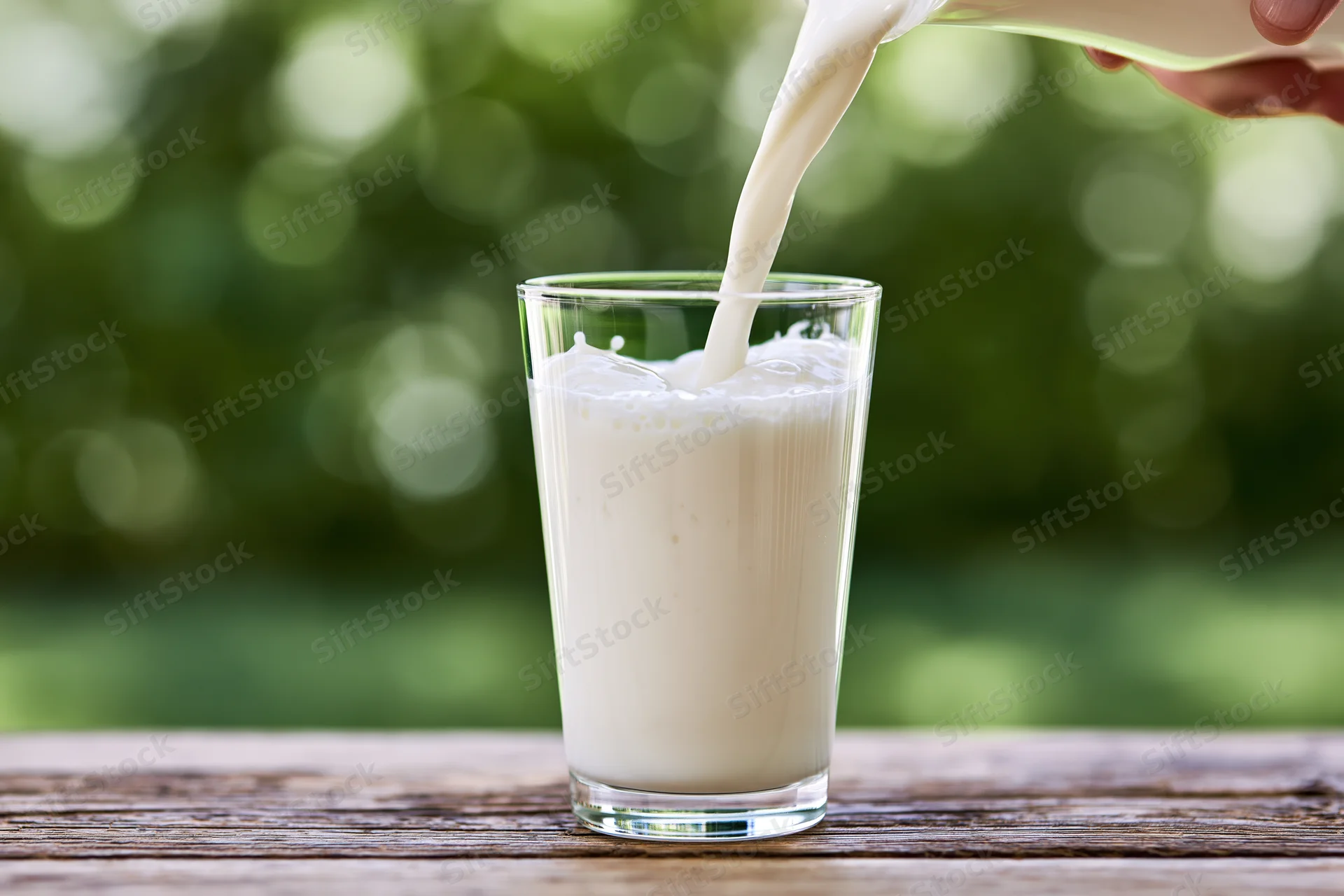 Milk being poured into a clear glass tumbler on a wooden table outdoors