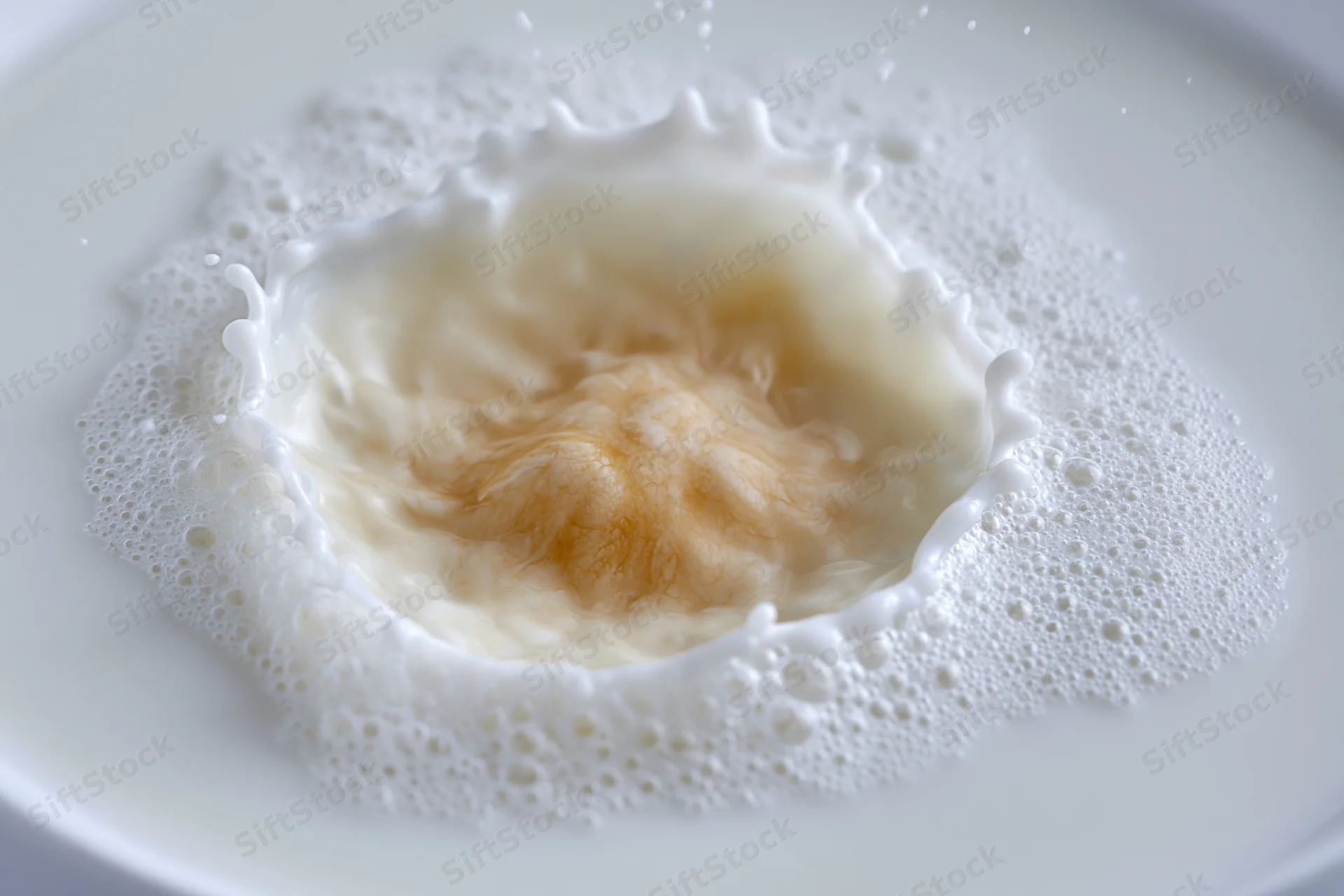 Milk splashing into a pool of milk on a white plate creating a crown splash