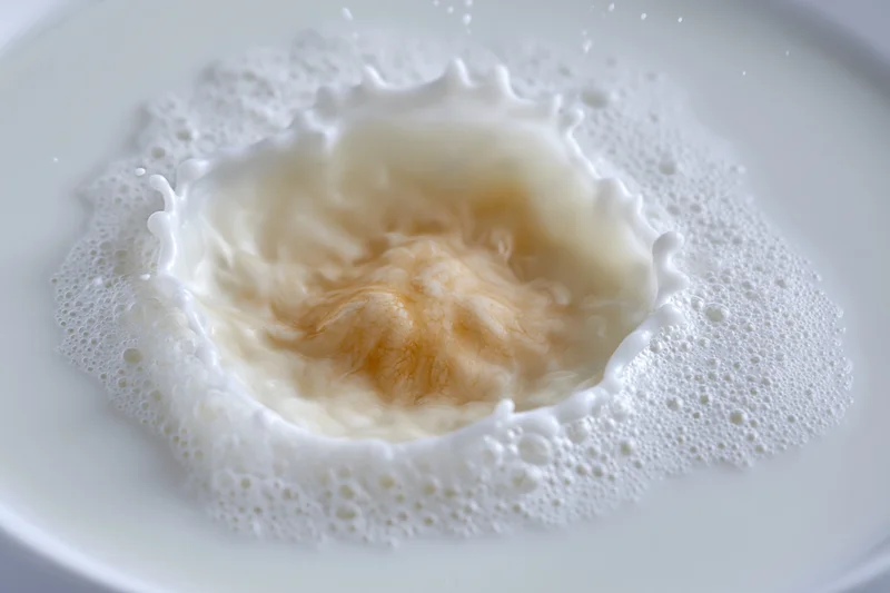 Milk splashing into a pool of milk on a white plate creating a crown splash