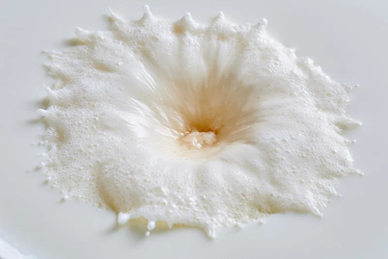 Milk splash forming a crown shape on a white surface
