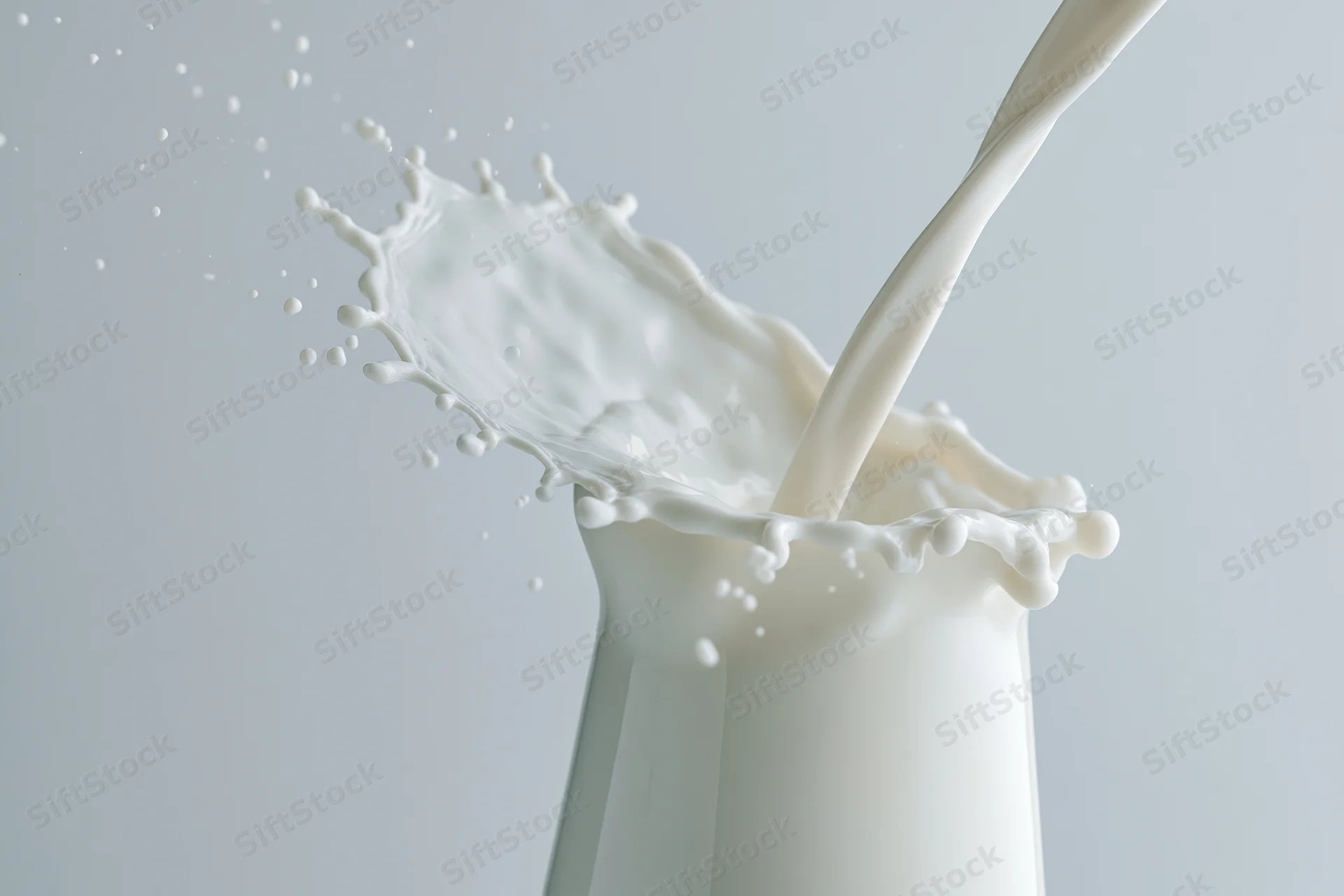 Milk pouring into a glass jug creating a dynamic splash with droplets in mid-air against a plain background