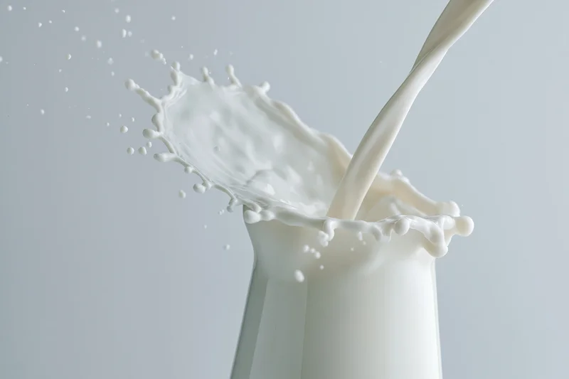 Milk pouring into a glass jug creating a dynamic splash with droplets in mid-air against a plain background