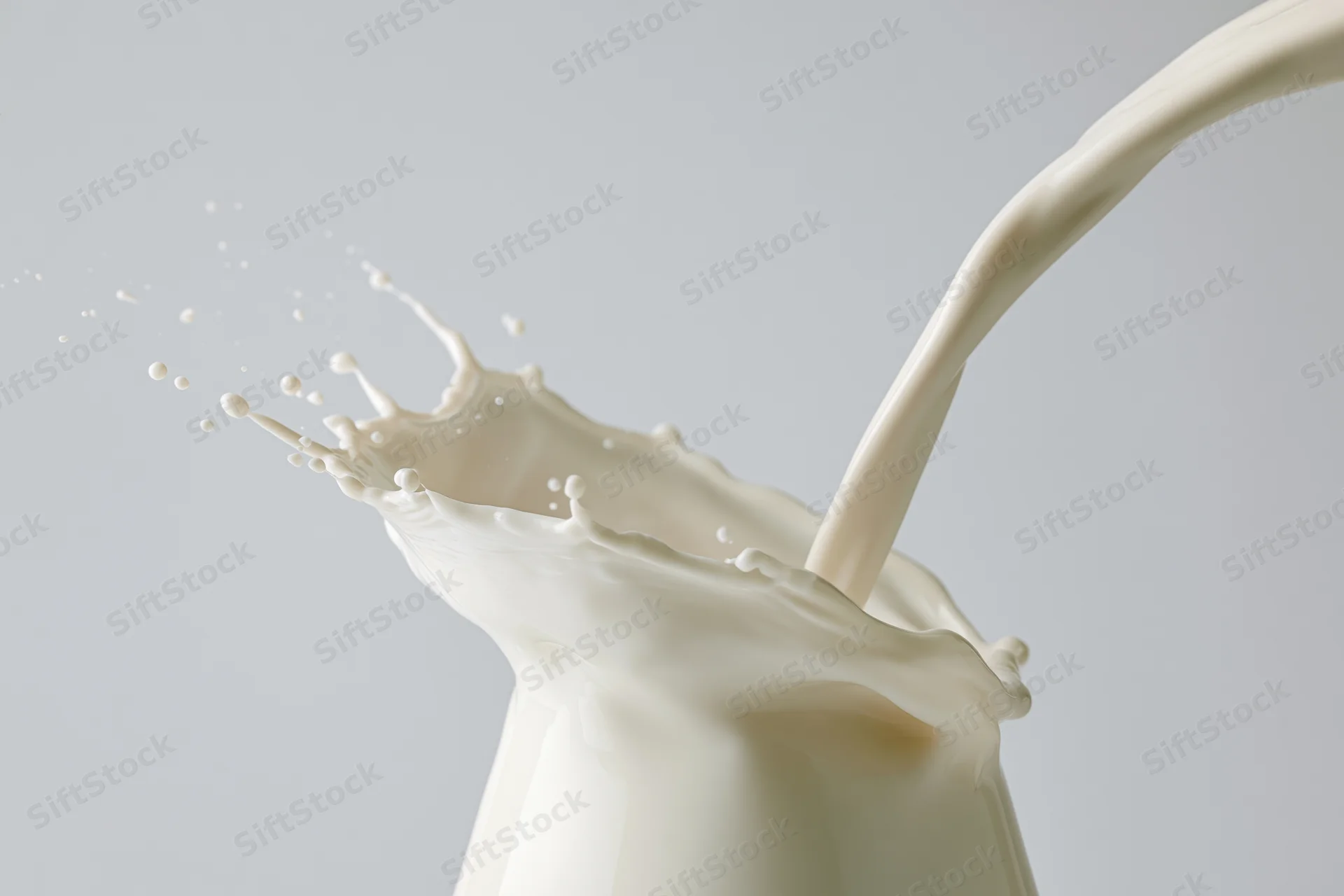 Milk pouring in a steady stream creating a mid-air splash against a plain background