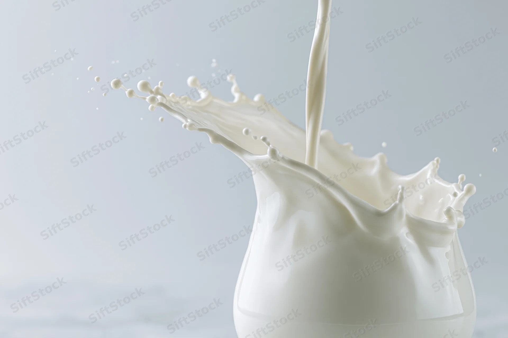Milk pouring into a glass creating a dynamic splash mid-air against a light background