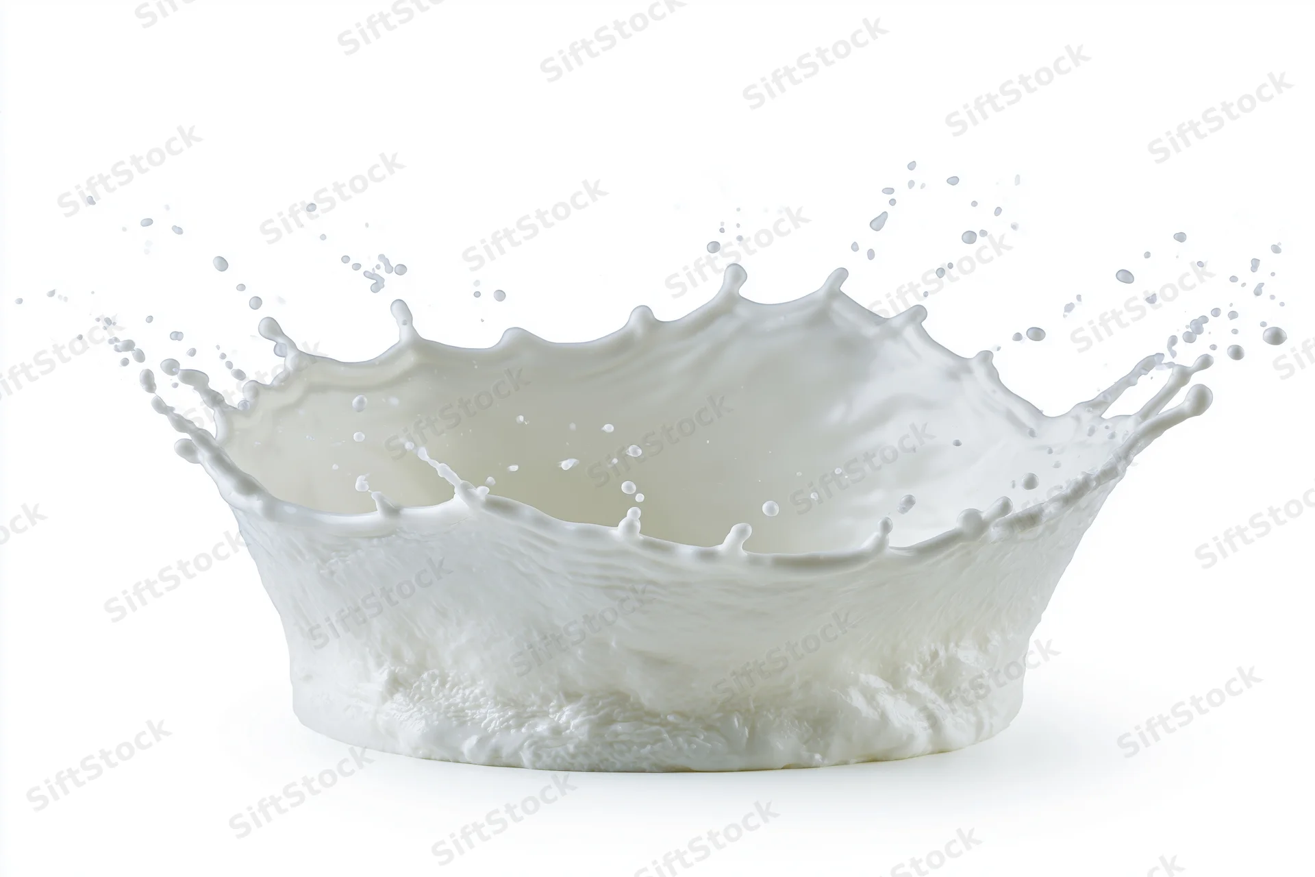 Milk splash frozen mid-motion forming a crown shape against white background