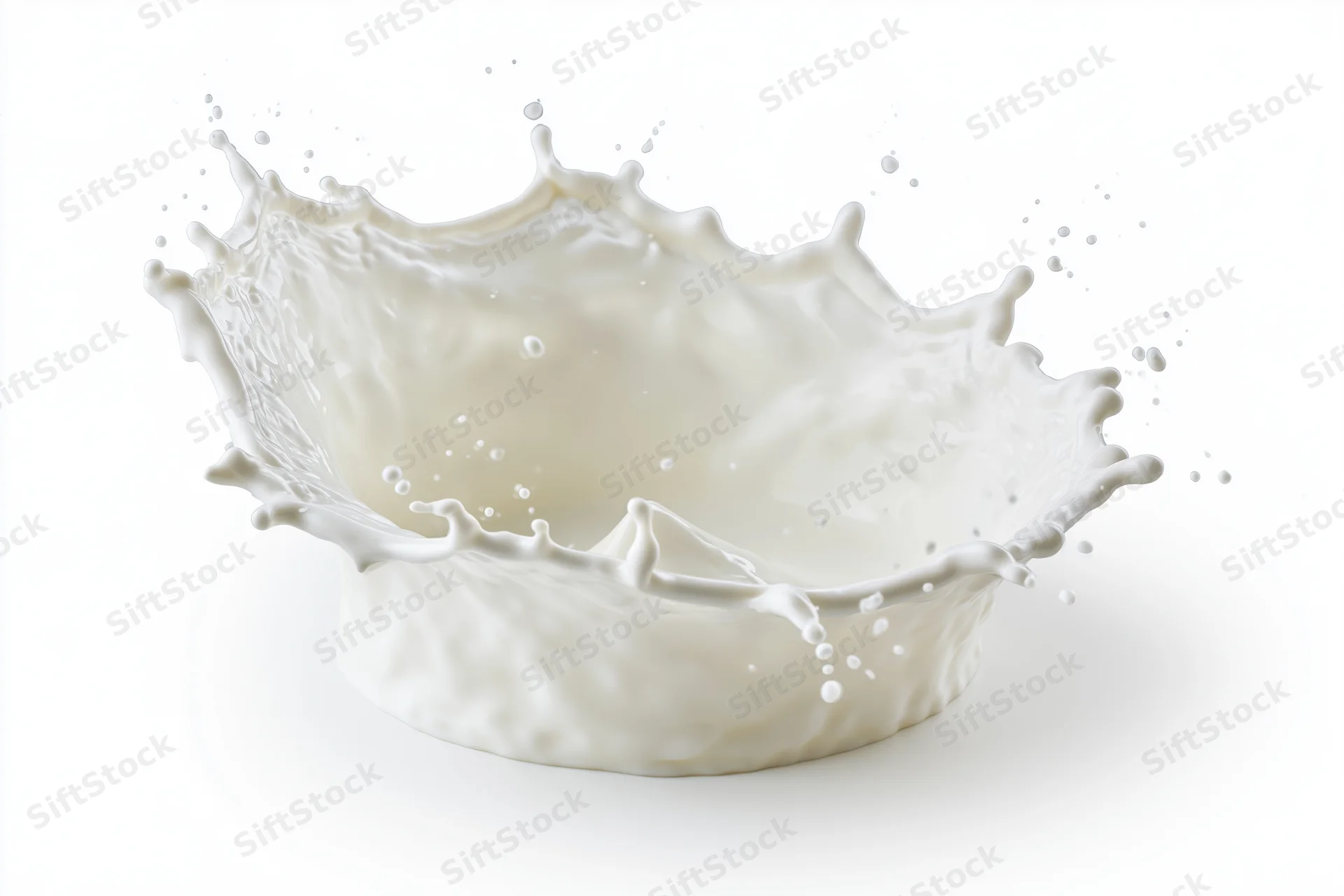 Milk splash frozen mid-motion forming a crown shape against white background