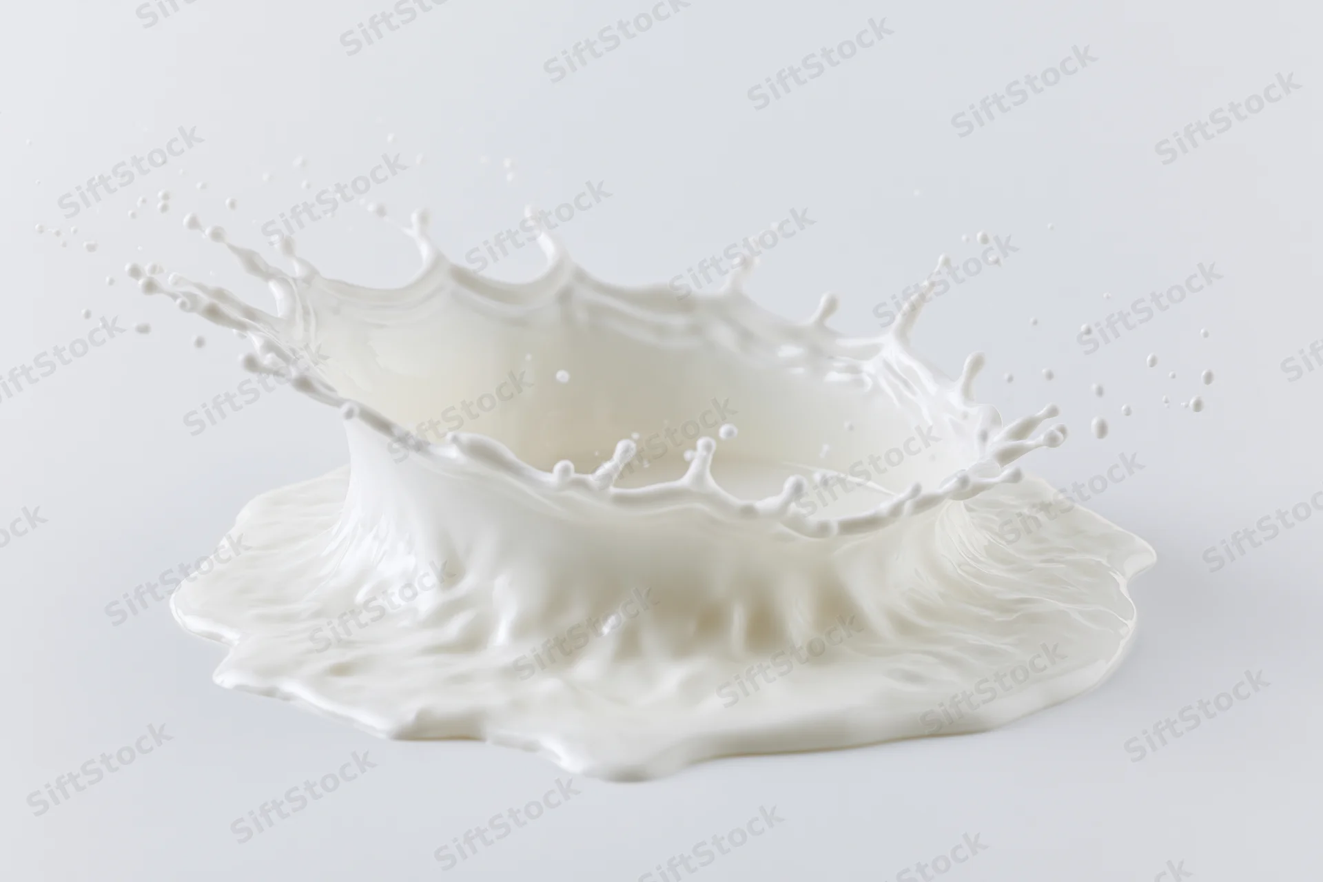 Milk splash frozen mid-motion forming a crown shape on white background