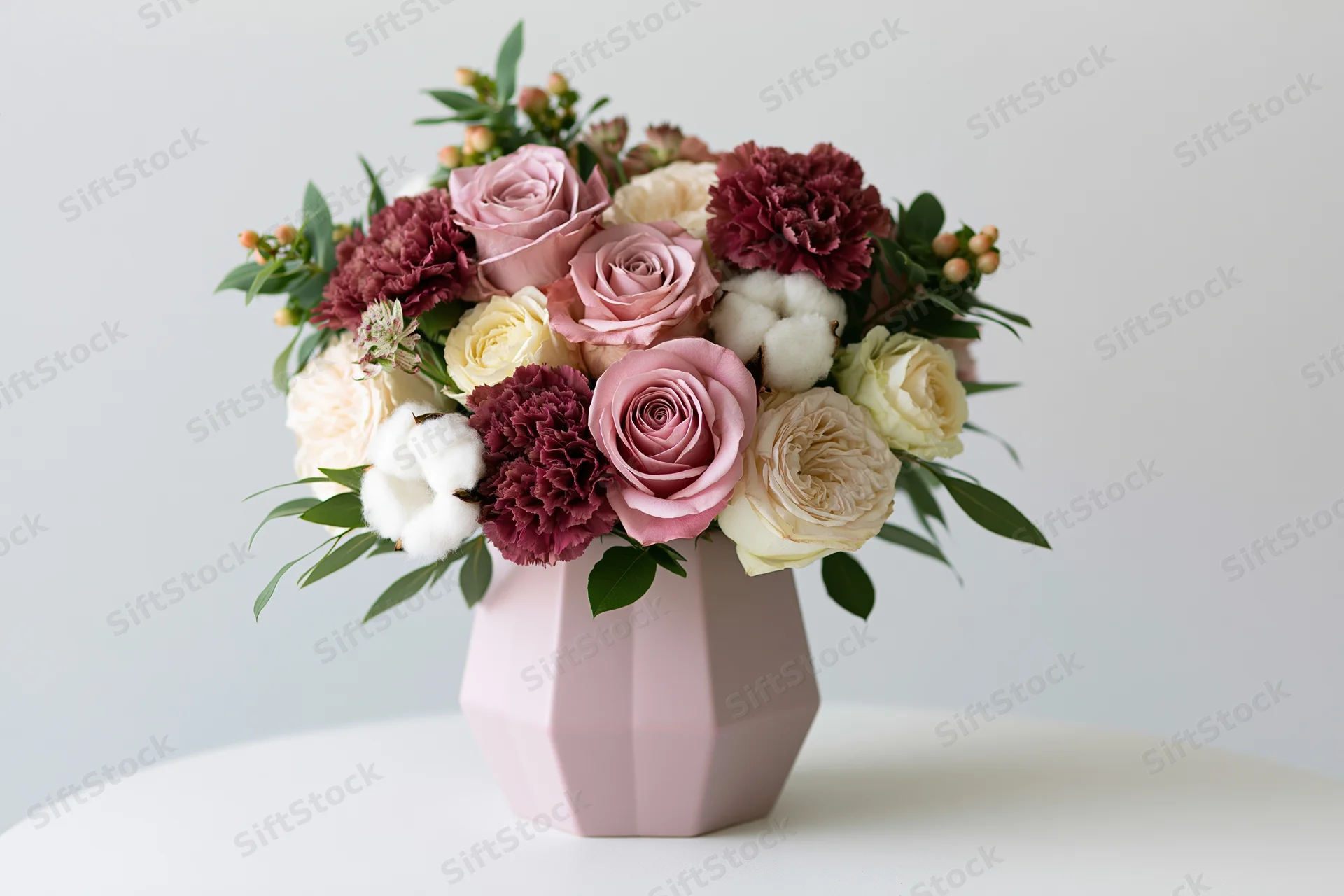 Mixed flower bouquet with roses, carnations and cotton in a pale pink geometric vase on a white table