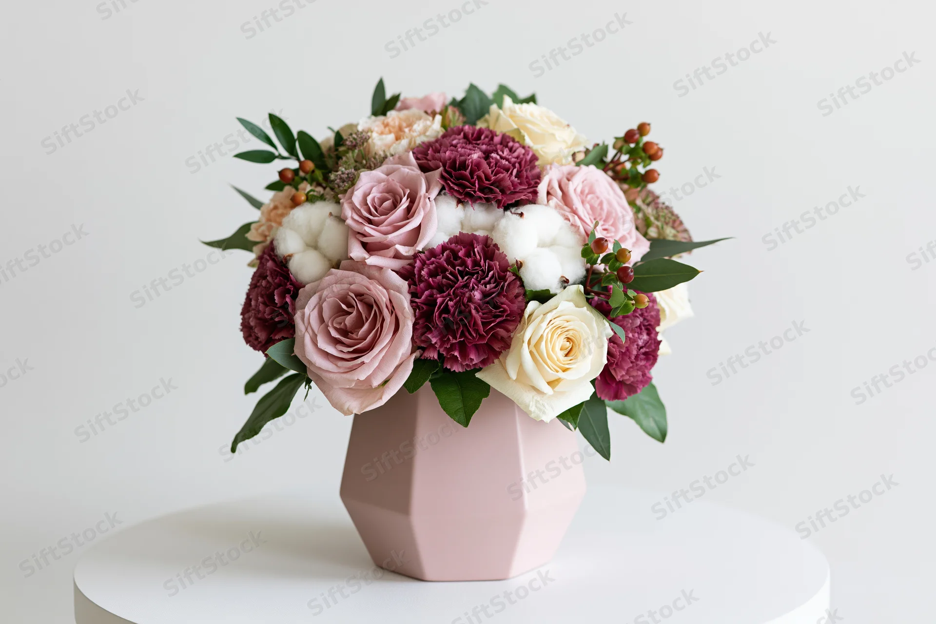 Mixed flower bouquet in a pale pink geometric vase on a white pedestal