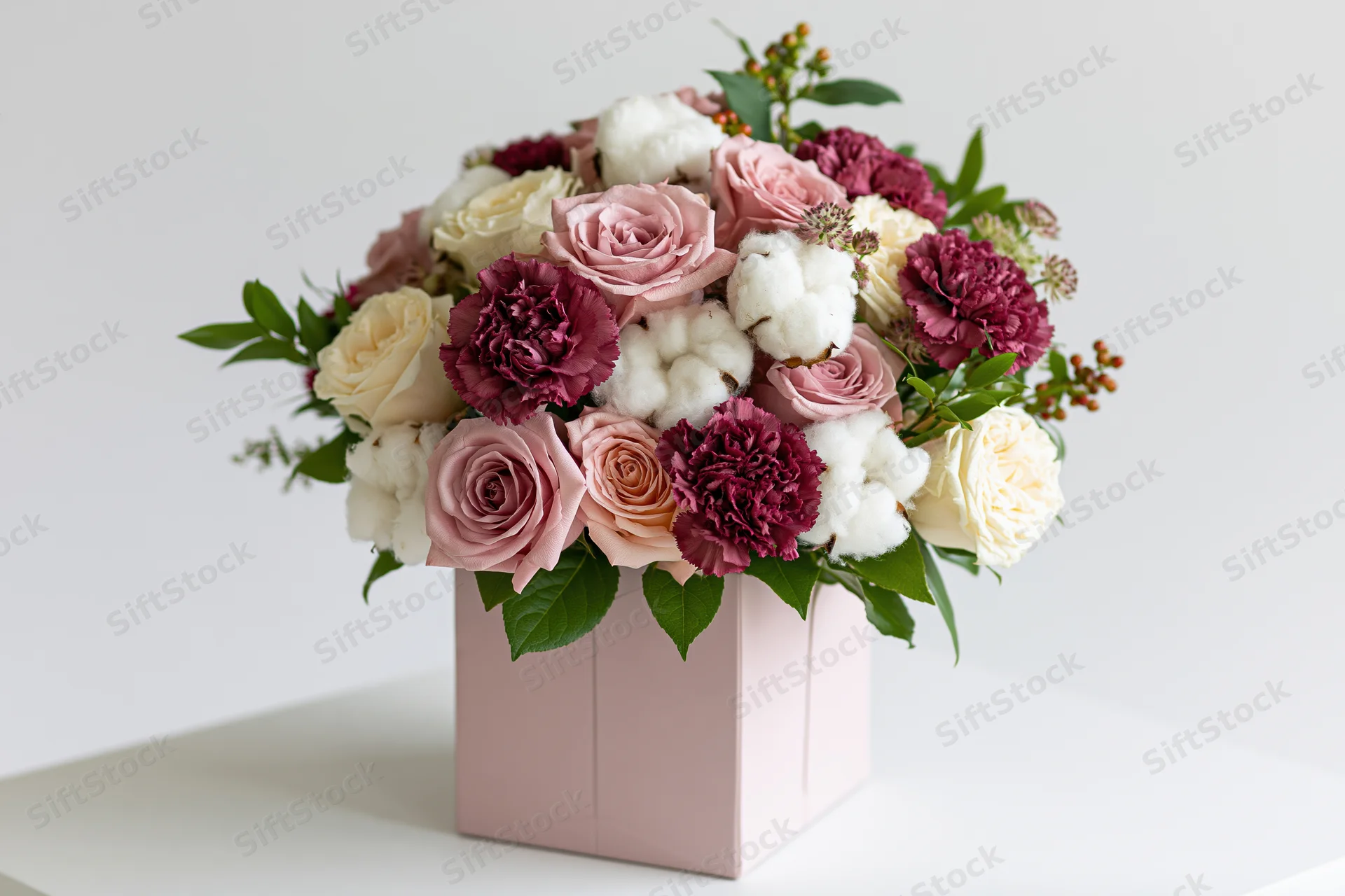Mixed bouquet of roses, carnations and cotton in a pale pink geometric vase on a white surface