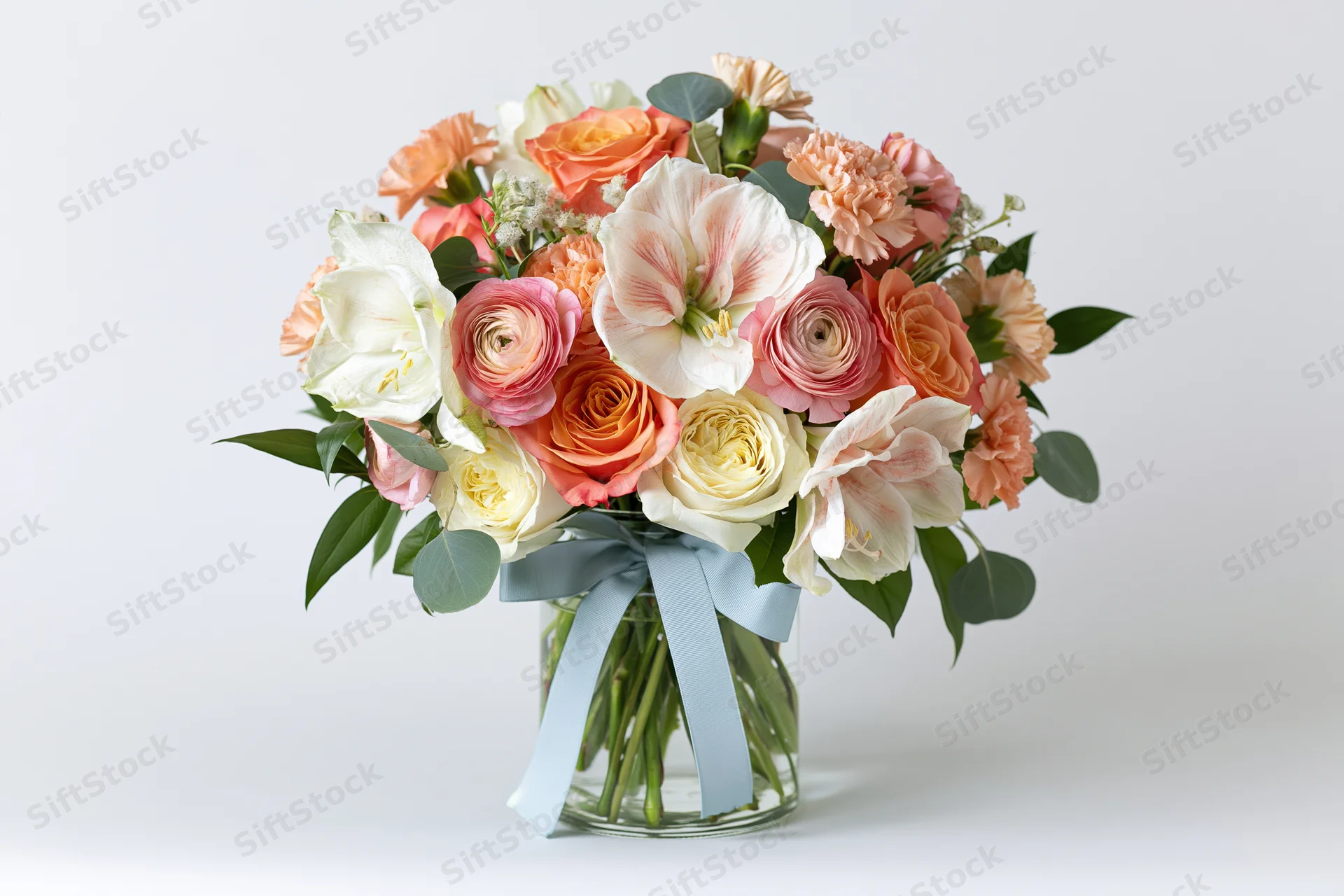 Mixed spring flower bouquet in a clear glass vase with blue ribbon centered on white background