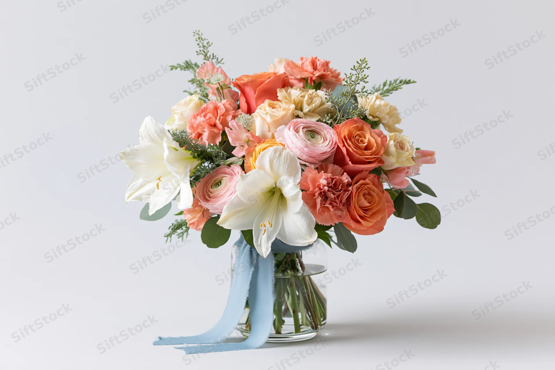 Mixed spring flower bouquet in a clear glass vase with blue ribbon, centered on white background
