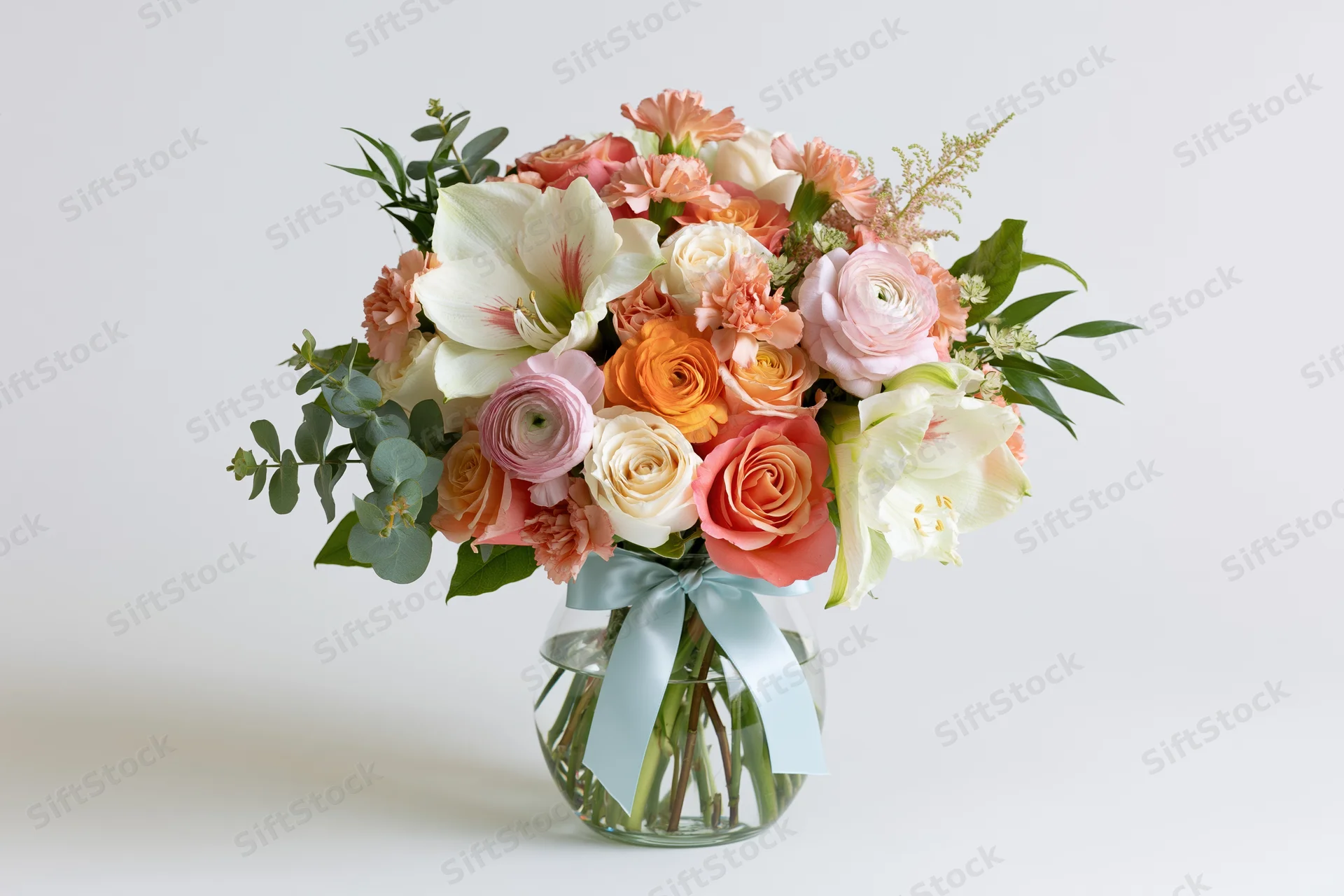 Mixed spring flower bouquet in a clear glass vase with ribbon, centered on white background