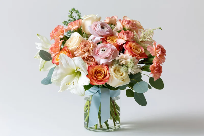 Mixed spring flower bouquet in a clear glass vase with blue ribbon and greenery, centered on white background