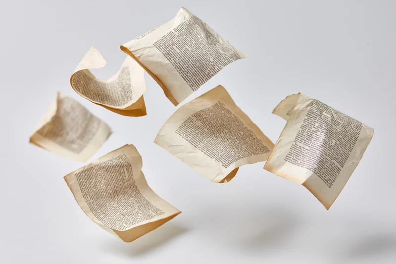 Aged paper pages with printed text floating in midair against a white background