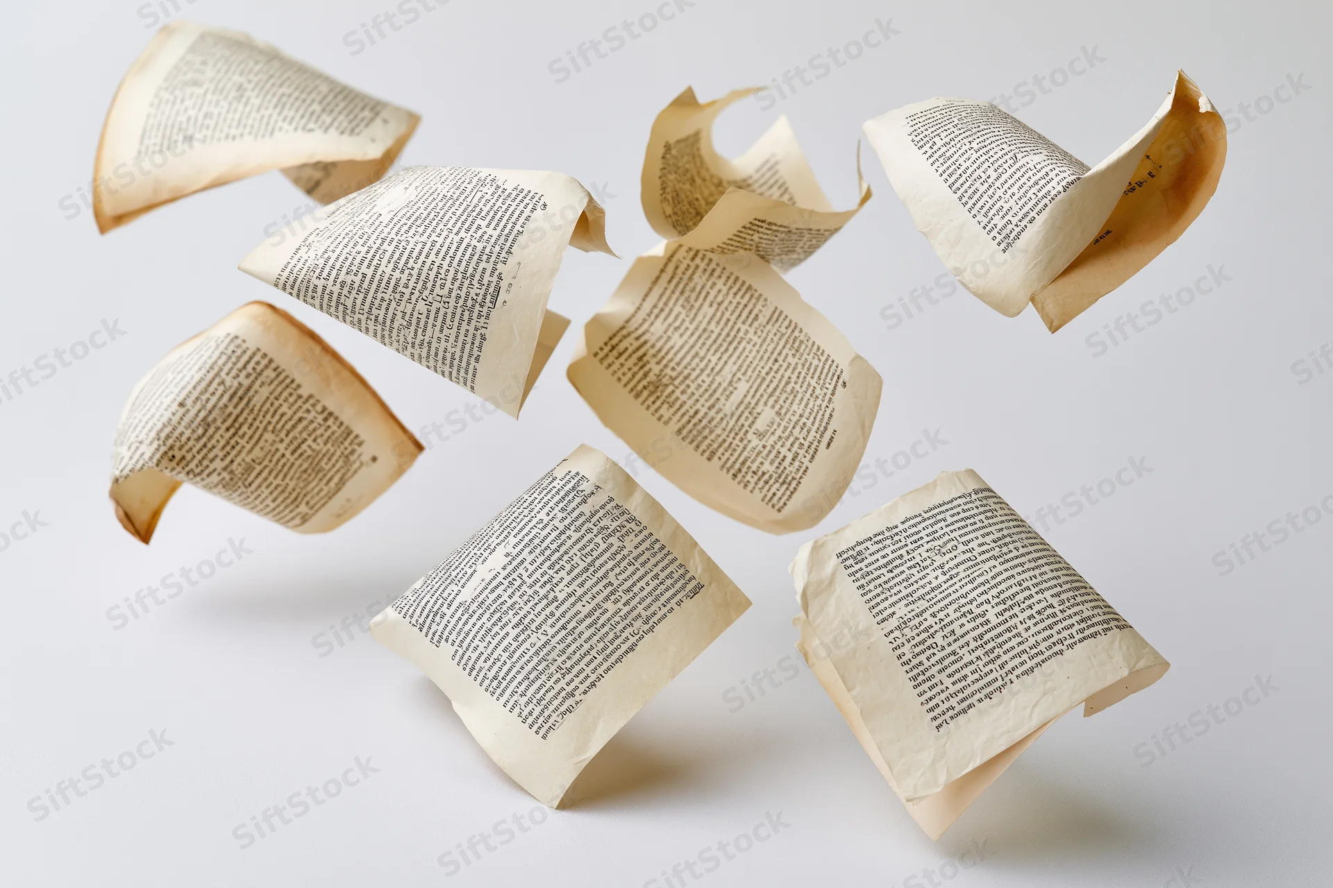 Aged paper pages with printed text tumbling in midair against a white background