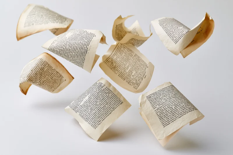 Aged paper pages with printed text tumbling in midair against a white background