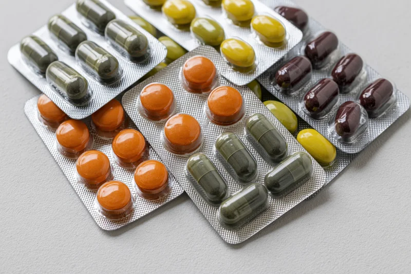Assorted pharmaceutical capsules and tablets in blister packs on a light surface