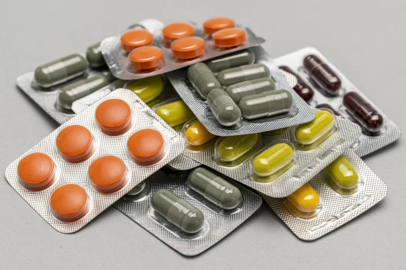 Multiple blister packs of assorted pharmaceutical pills and capsules arranged on a gray surface