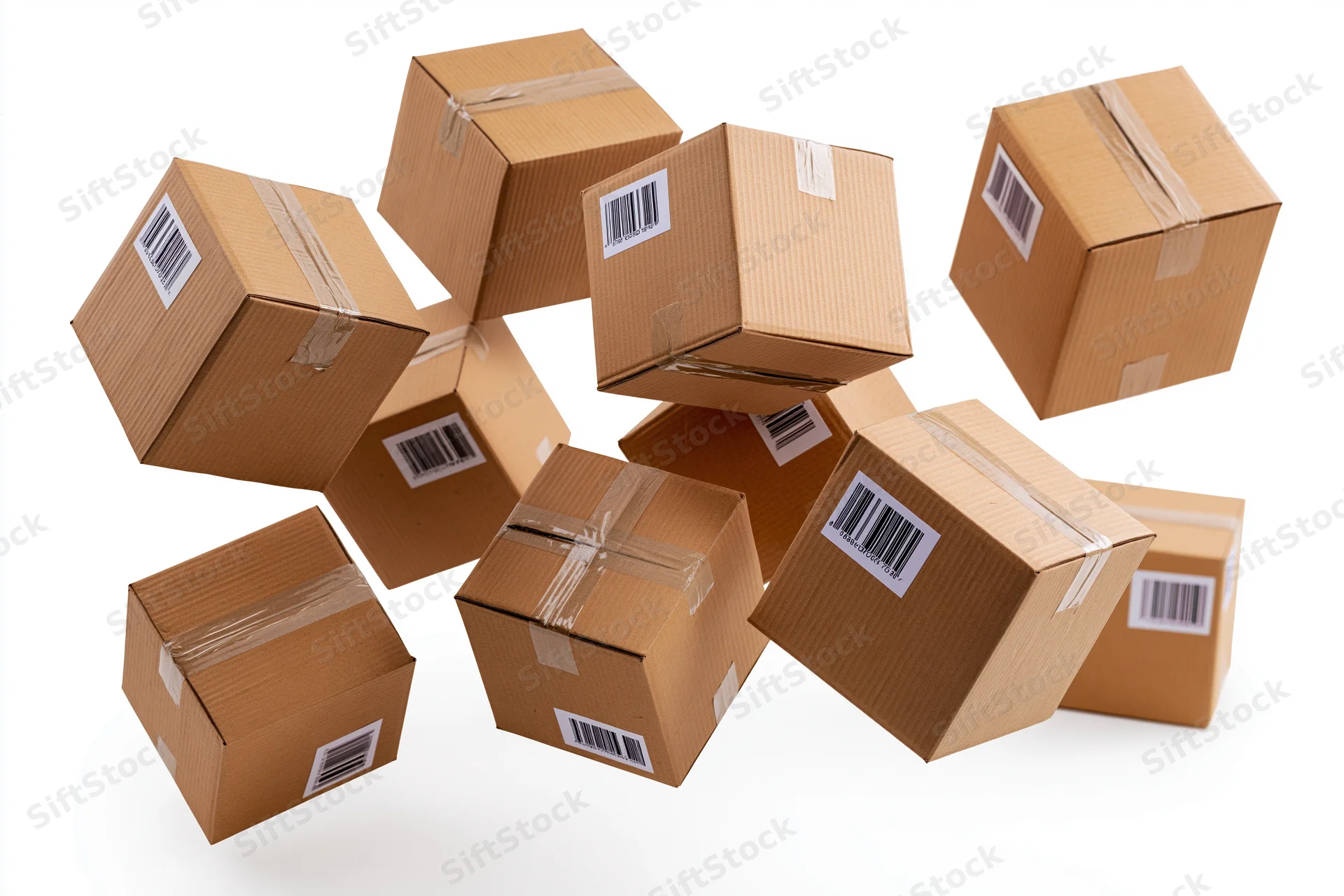 Multiple brown cardboard shipping boxes tumbling and floating against white background