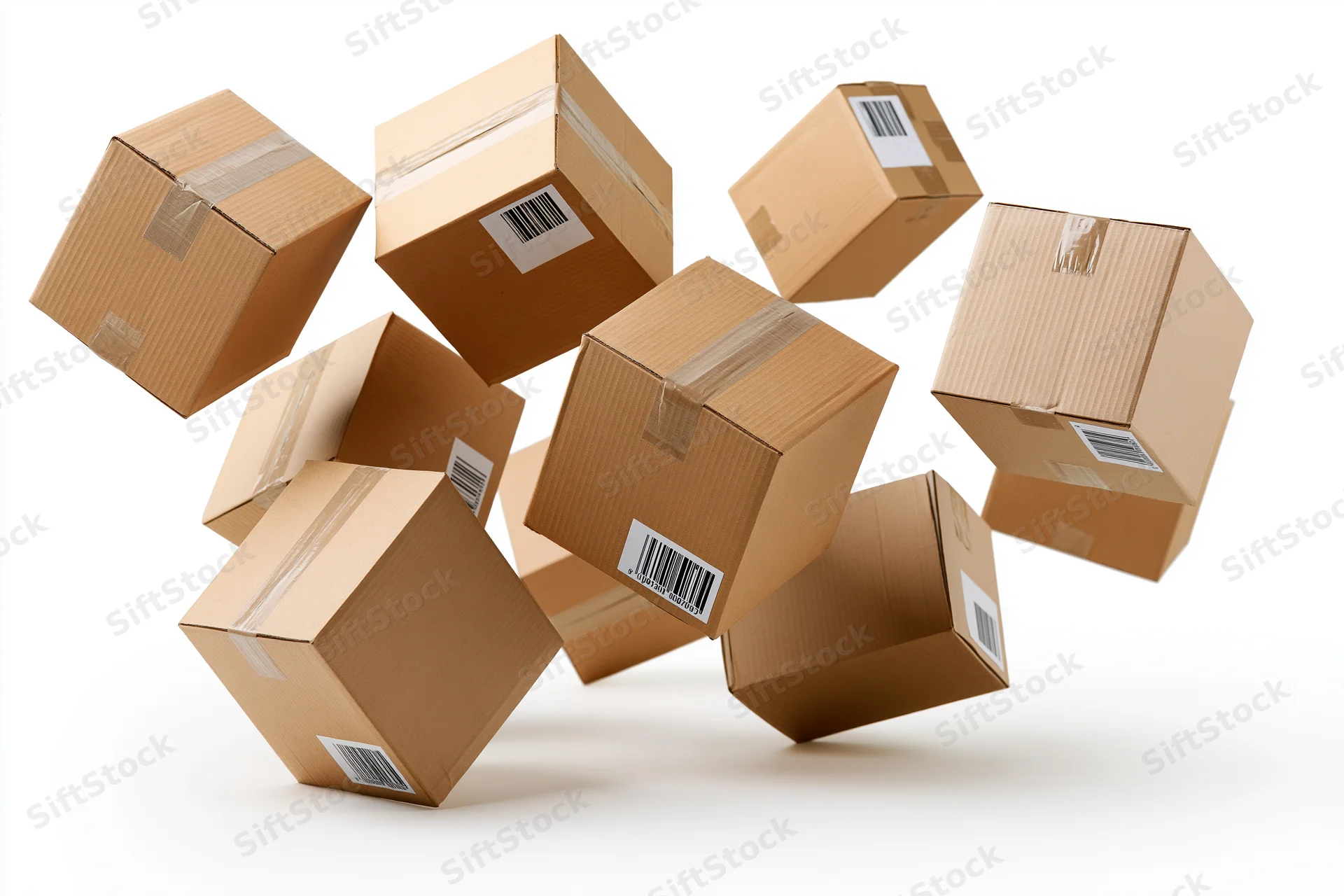 Multiple brown cardboard shipping boxes tumbling and floating against a white background