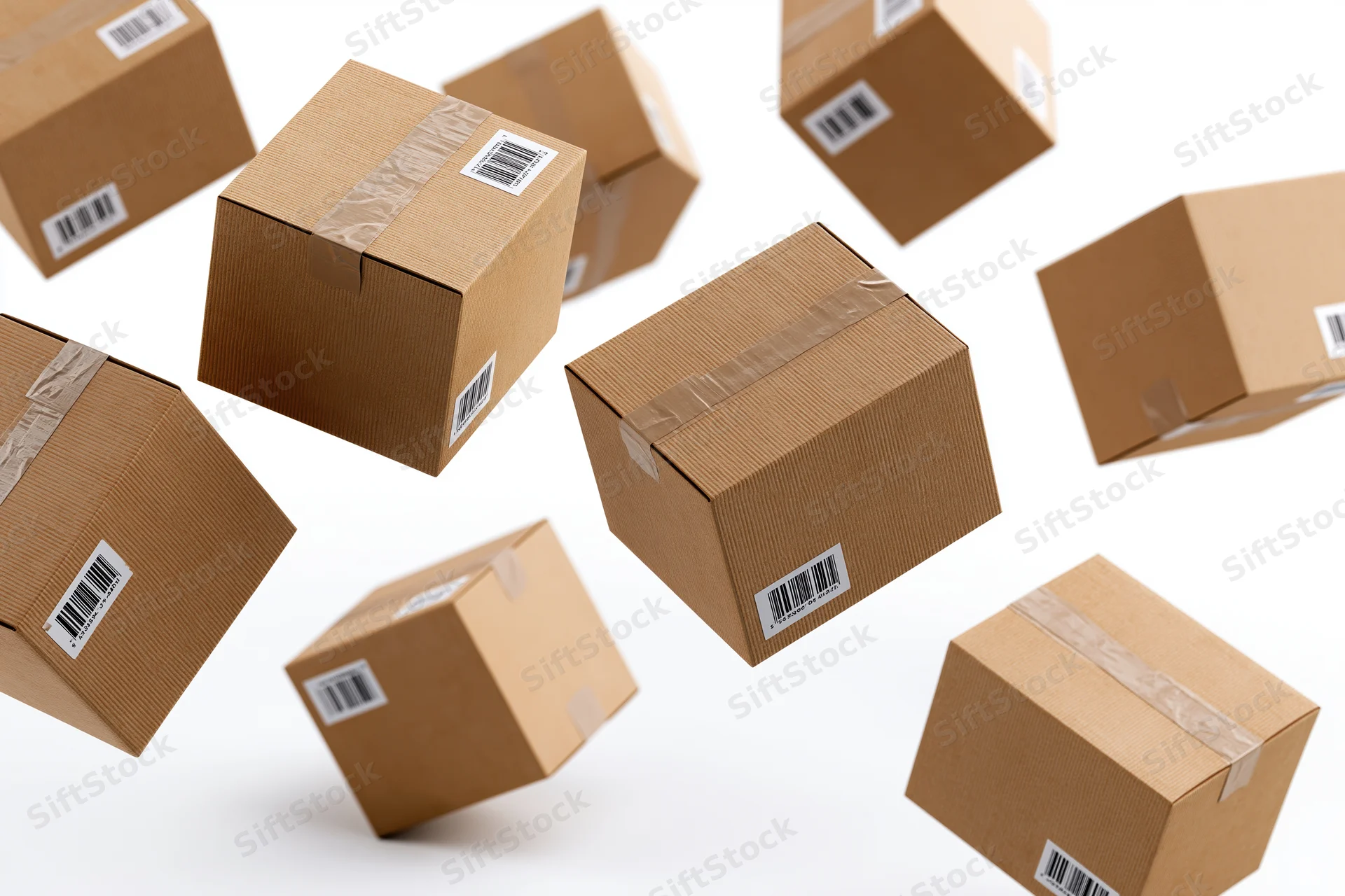Multiple brown cardboard shipping boxes tumbling and floating against white background