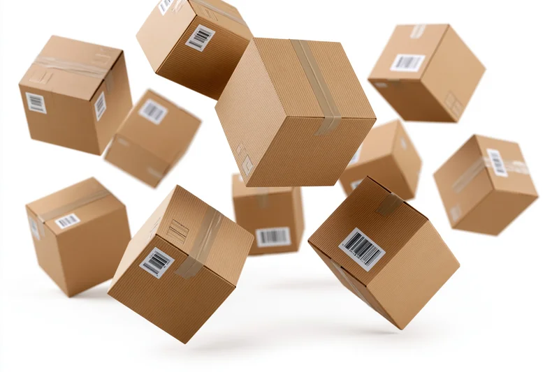 Multiple brown cardboard shipping boxes tumbling and floating against white background
