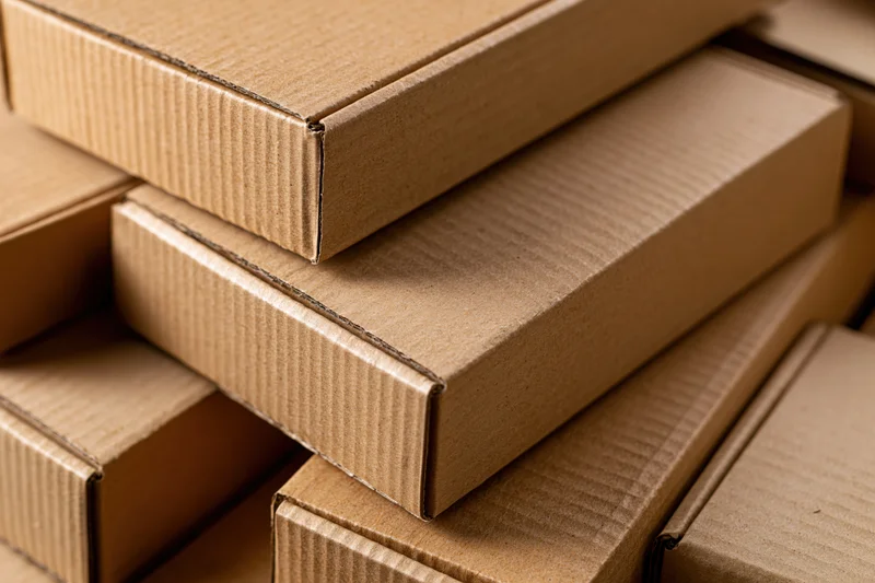 Stack of flat kraft cardboard boxes arranged closely together