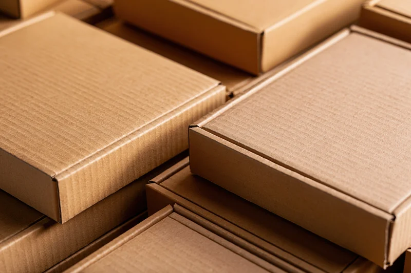 Stacked flat kraft cardboard boxes arranged closely for packaging and shipping