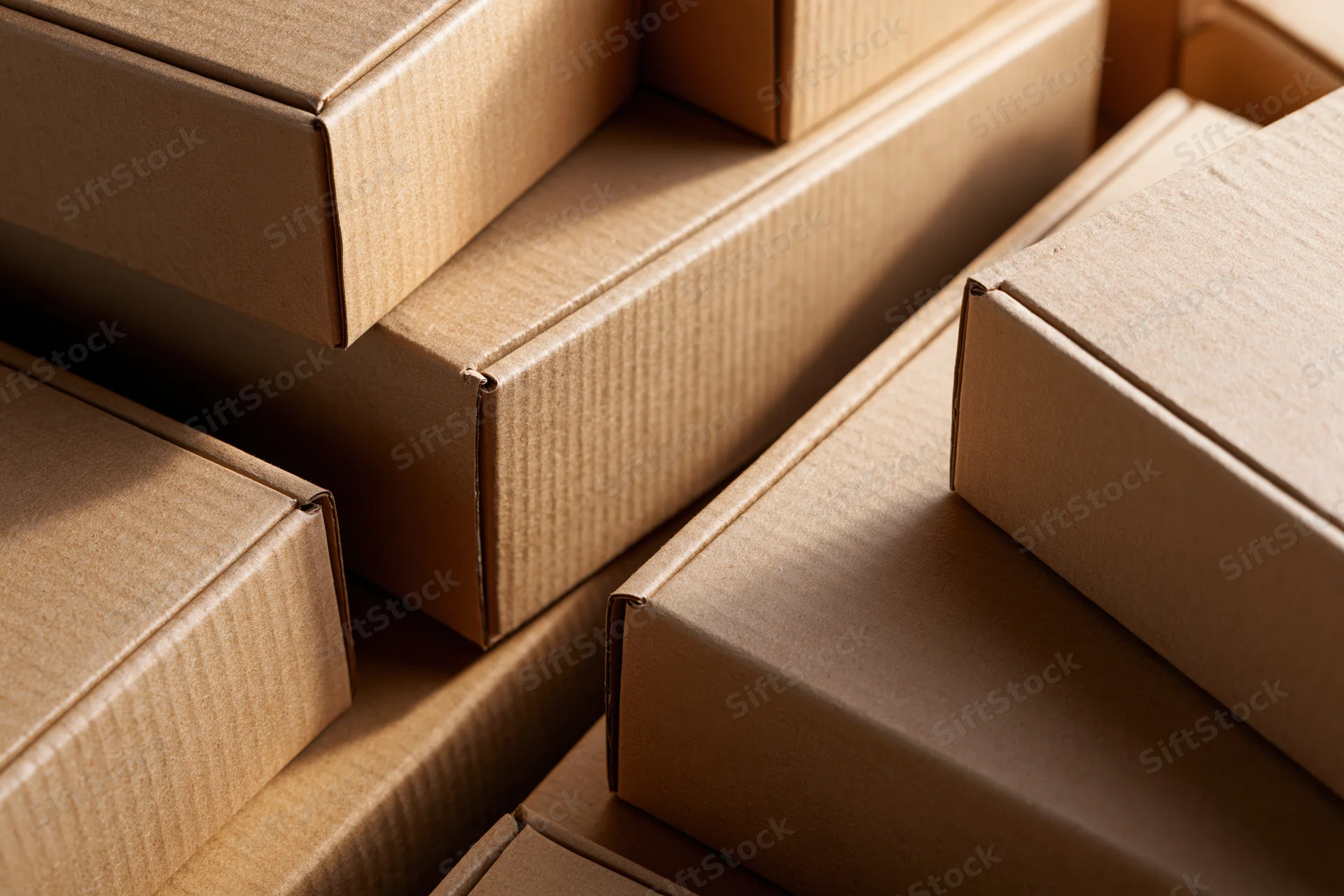 Stacked cardboard boxes arranged closely in a warehouse storage setting