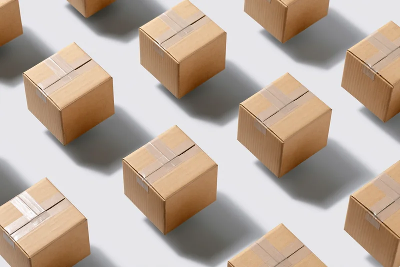 Multiple identical small cardboard shipping boxes arranged in a repeating pattern on a white surface