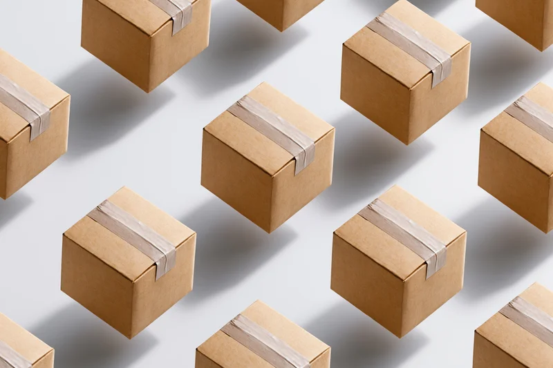 Multiple identical small cardboard shipping boxes arranged in a repeating pattern on a white surface