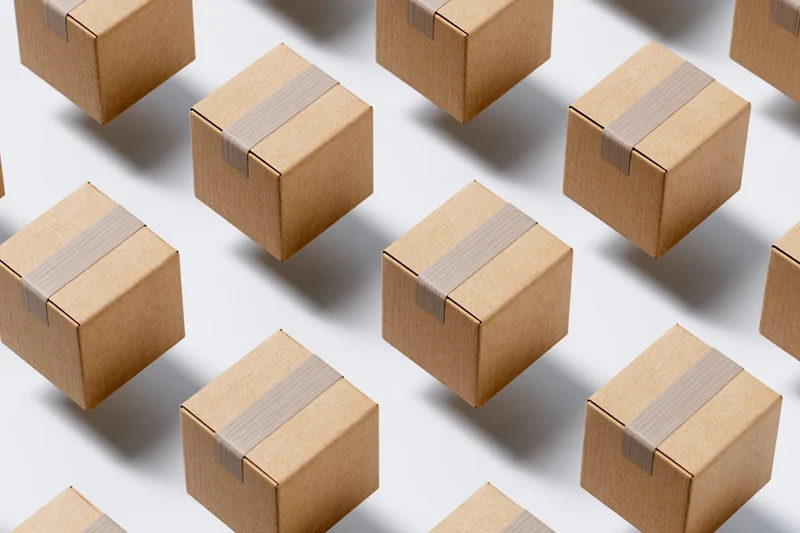 Multiple identical small cardboard shipping boxes arranged in a repeating pattern on a white surface