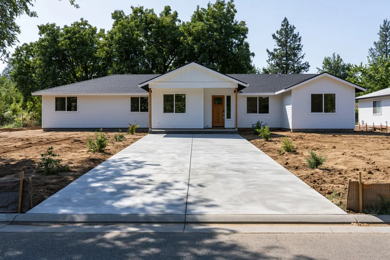 Newly poured concrete driveway leading to a single-story white house with front door and windows, surrounded by trees and dirt yard
