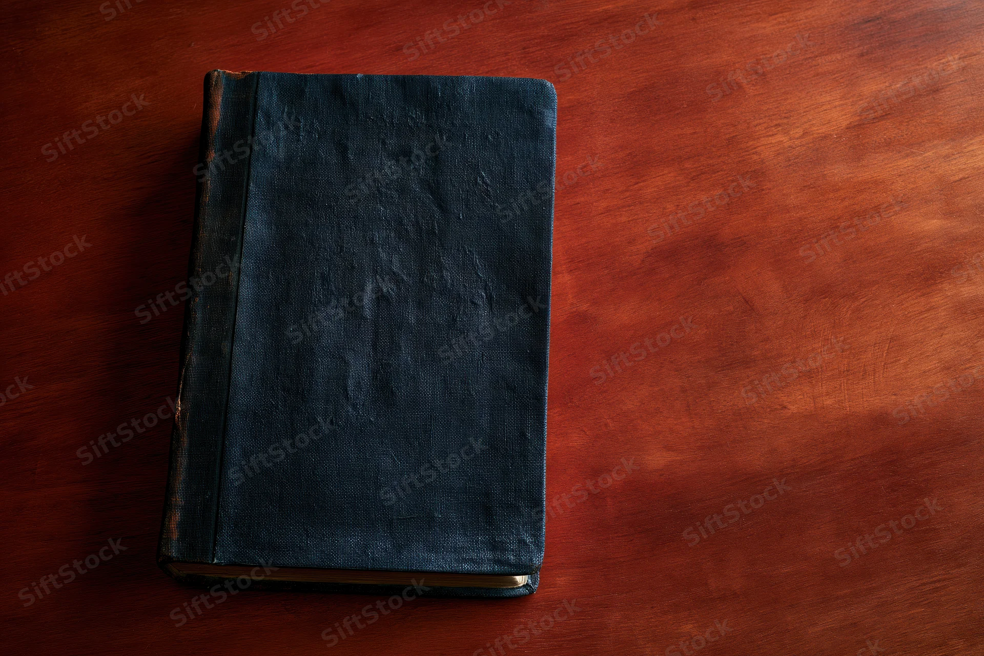Old worn hardcover book with dark navy textured cover resting on wooden table