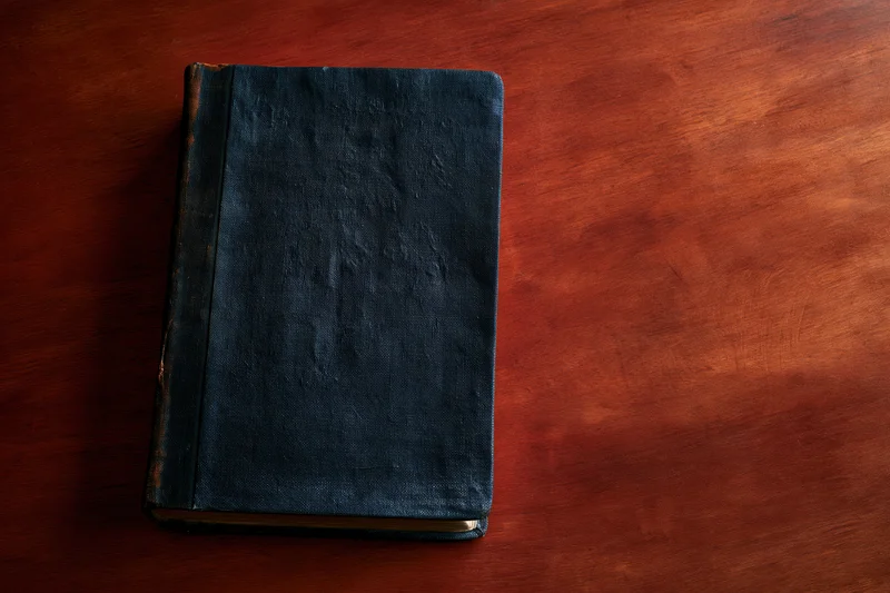 Old worn hardcover book with dark navy textured cover resting on wooden table