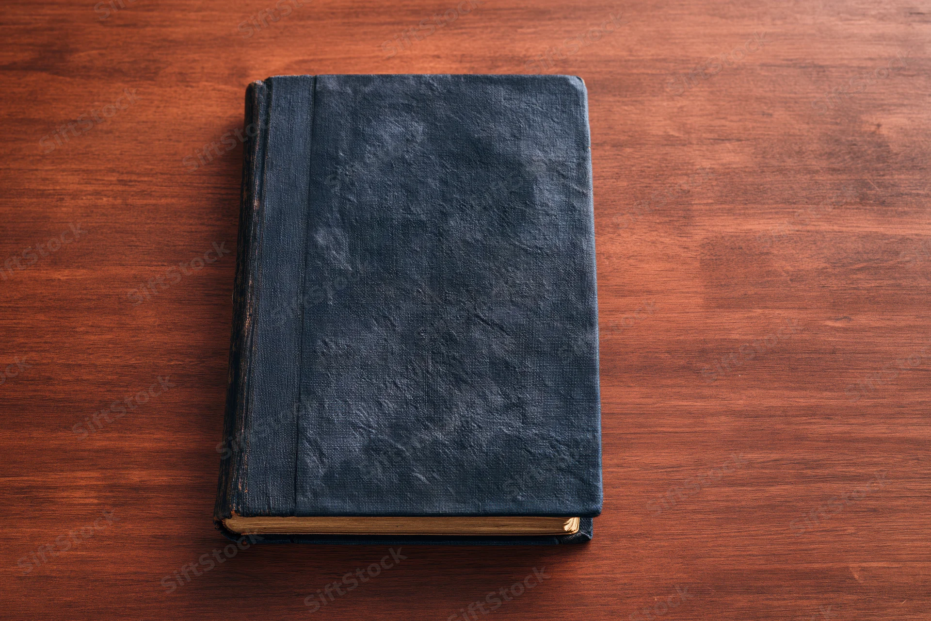 Old worn hardcover book with dark navy textured cover resting on wooden table