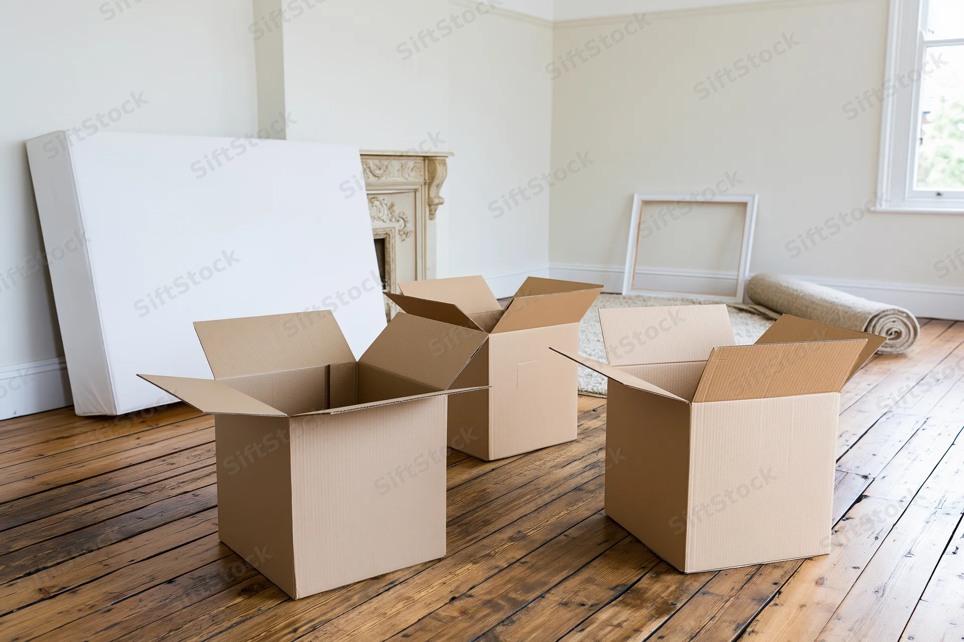 Open cardboard moving boxes on a worn hardwood floor in an empty room with fireplace and window
