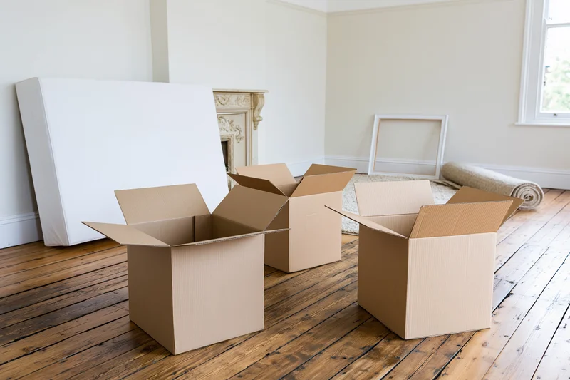 Open cardboard moving boxes on a worn hardwood floor in an empty room with fireplace and window