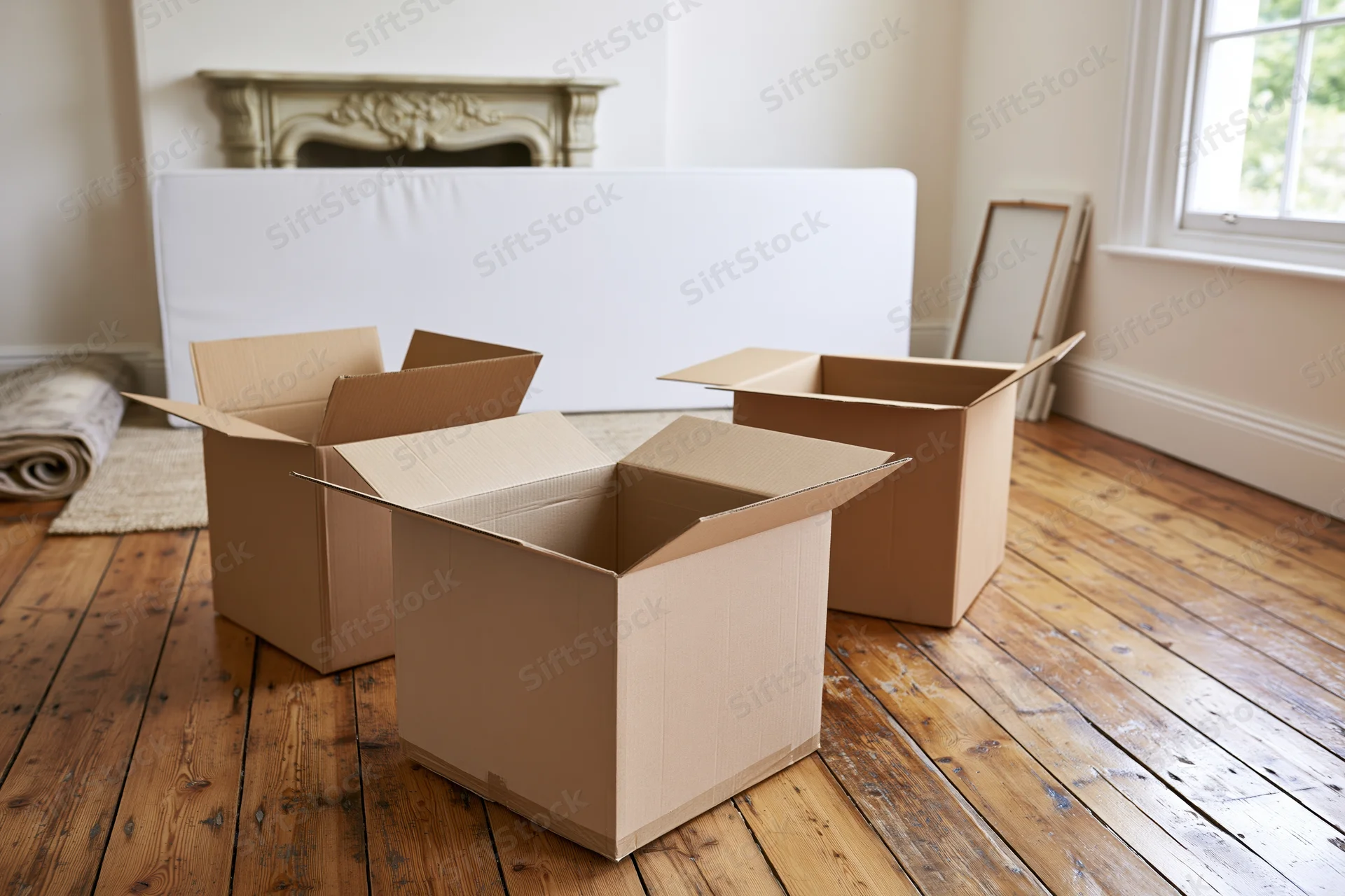 Open cardboard moving boxes on a worn hardwood floor in a living room