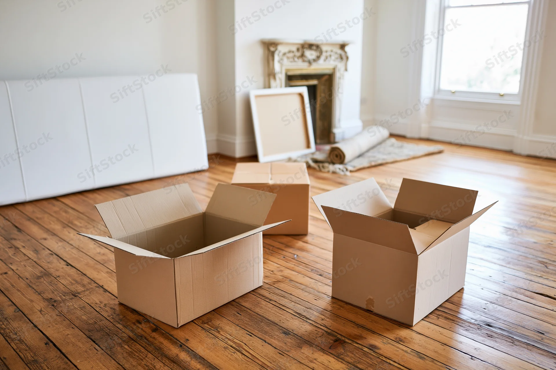 Open cardboard moving boxes on a worn hardwood floor in a bright living room with fireplace and window